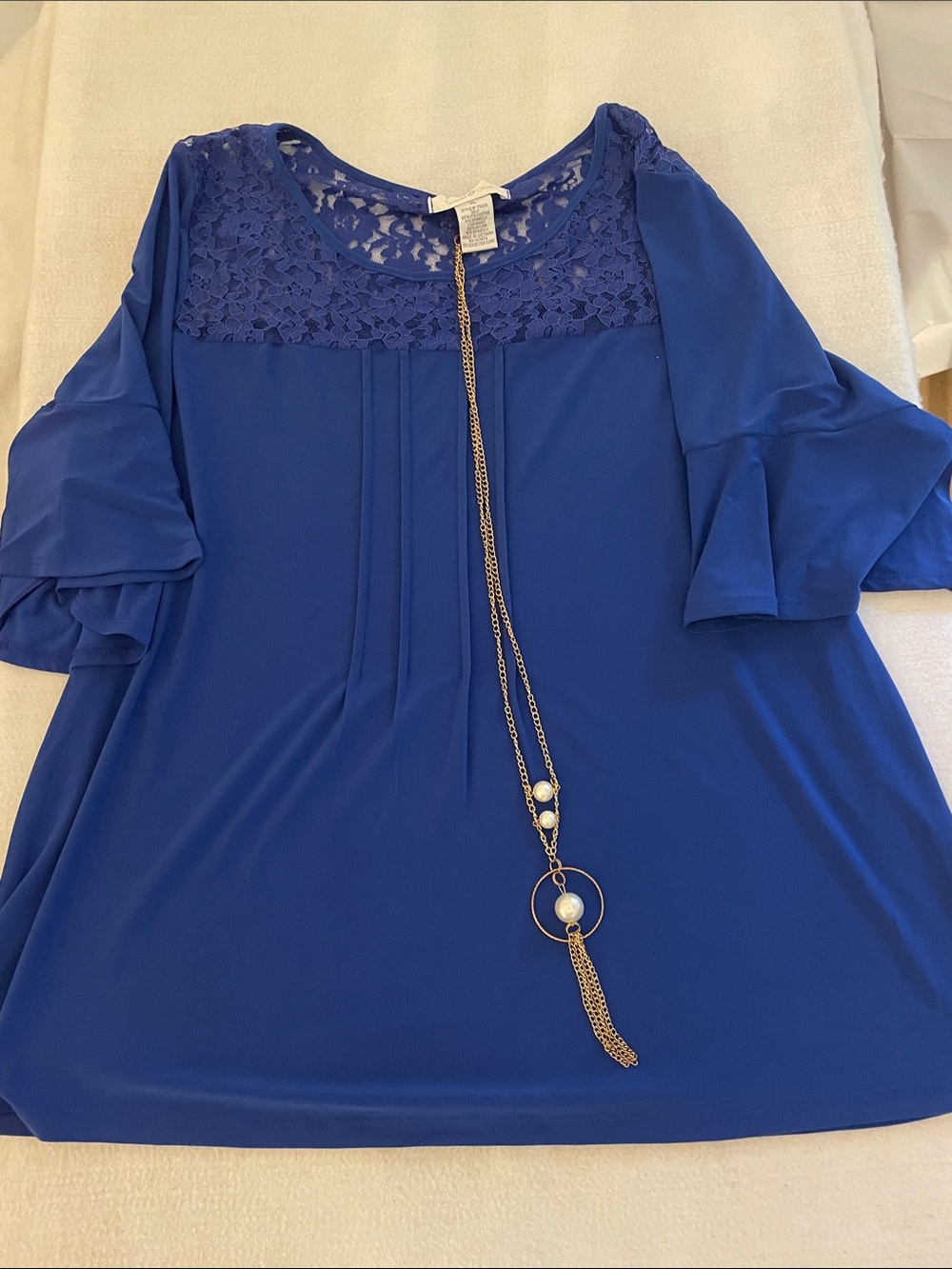Women's Royal Blue Lace Yoke Tunic Top with Beautiful Gold Necklace